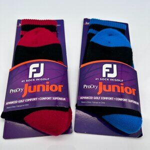Bundle of 2 FootJoy ProDry Junior Crew Golf Socks, Shoe Size 4-8, Blue/Red/Black